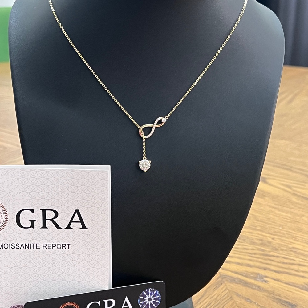 Gold Infinity Moissanite Necklace with Drop Pendant
